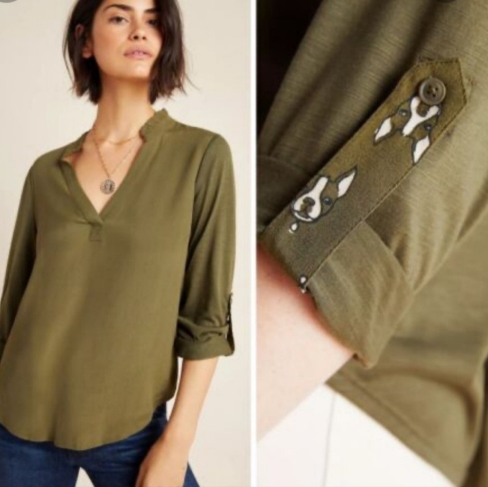 Anthropologie Porridge Aiden Green Animal Print Blouse,  XS